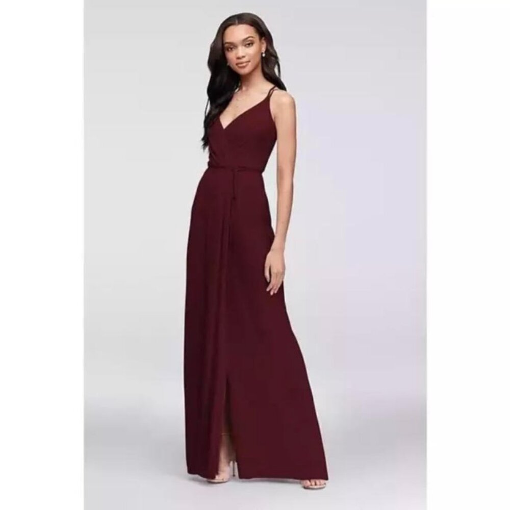 New! Davids Bridal Bridesmaid Georgette Wrap Maxi Dress Sz 6 Womans Red Wine